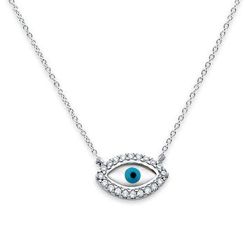 14K White Gold CZ Evil Eye Necklace 17 + 1 Inches Extension